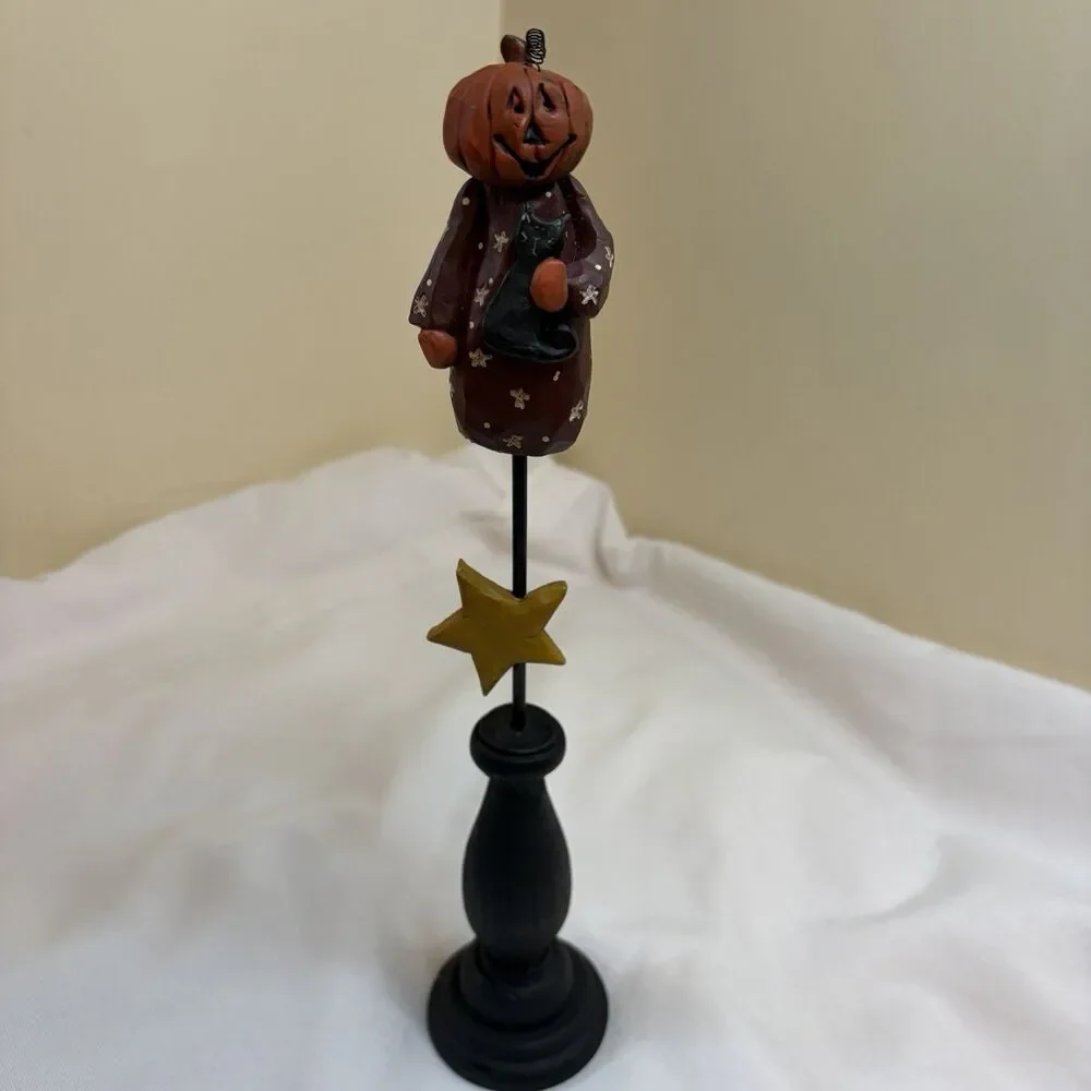 Blossom Bucket Halloween Pumpkin Black Cat Pedestal 13” Suzi Skoglund Folk Art